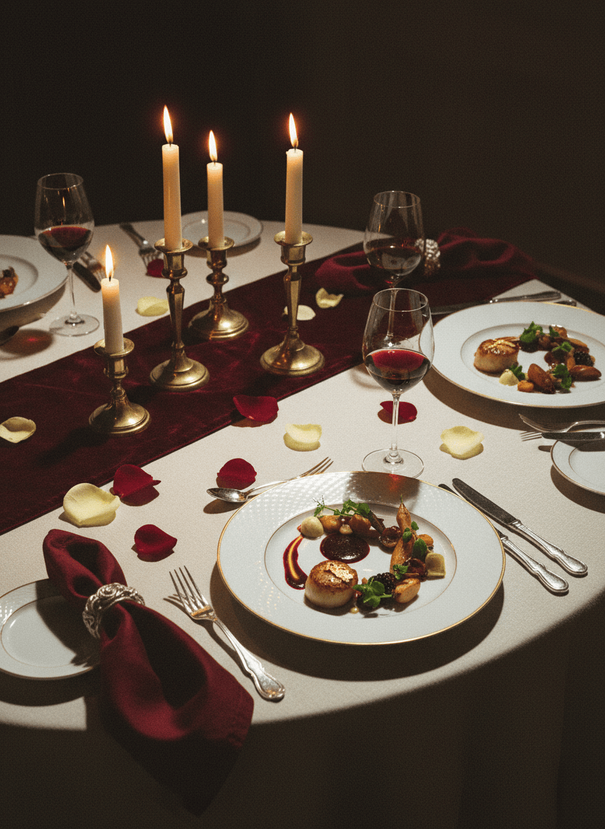 Editorial luxury lifestyle photograph — an intimate, art-directed still life of a fine-dining table setting or a beautifully plated gourmet dish in warm candlelight, deep burgundy and ivory tones, cinematic shadows, film grain, sophisticated travel magazine feel. Restrained, elegant, high-fashion food editorial. No text.