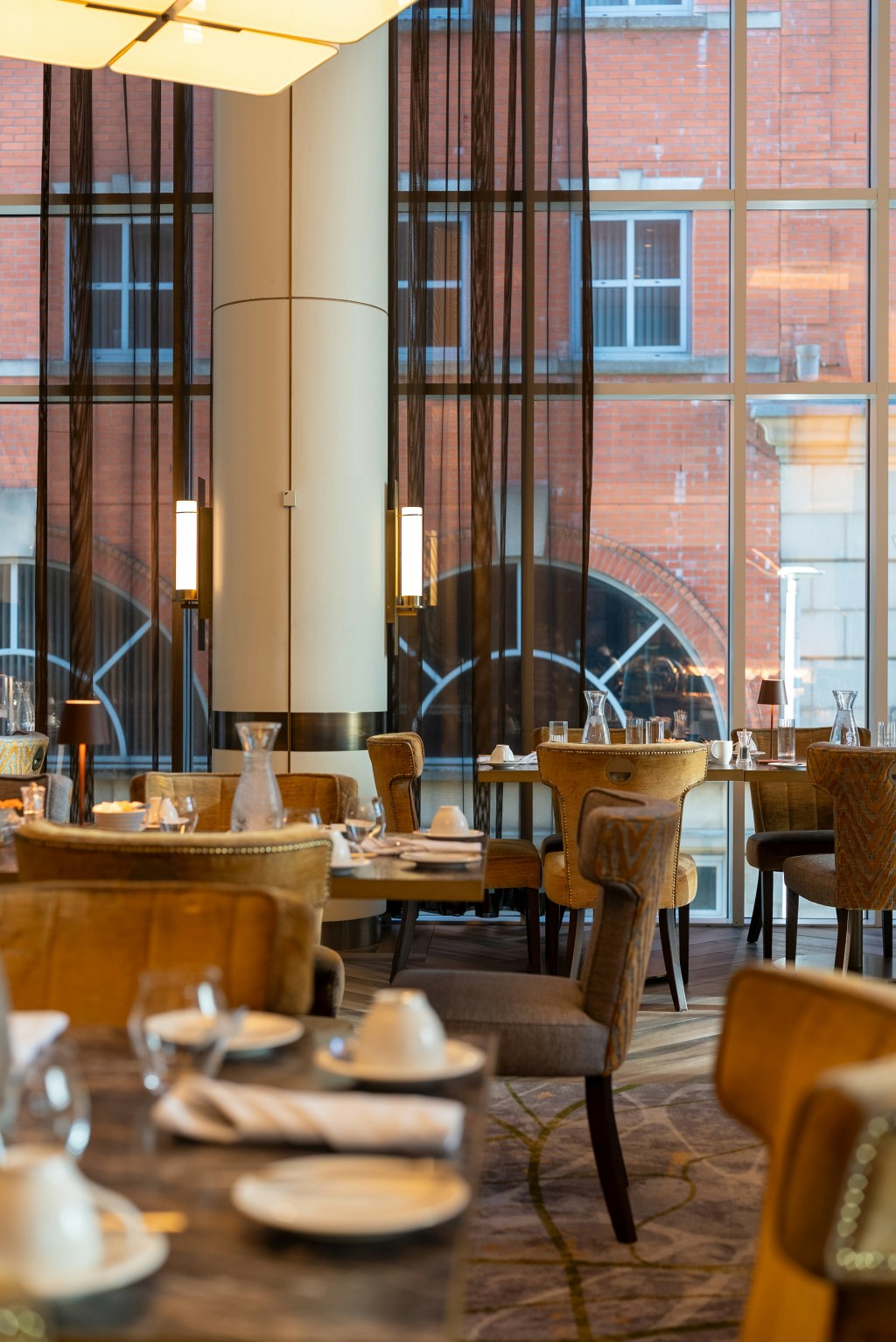 Contemporary restaurant dining room at evening